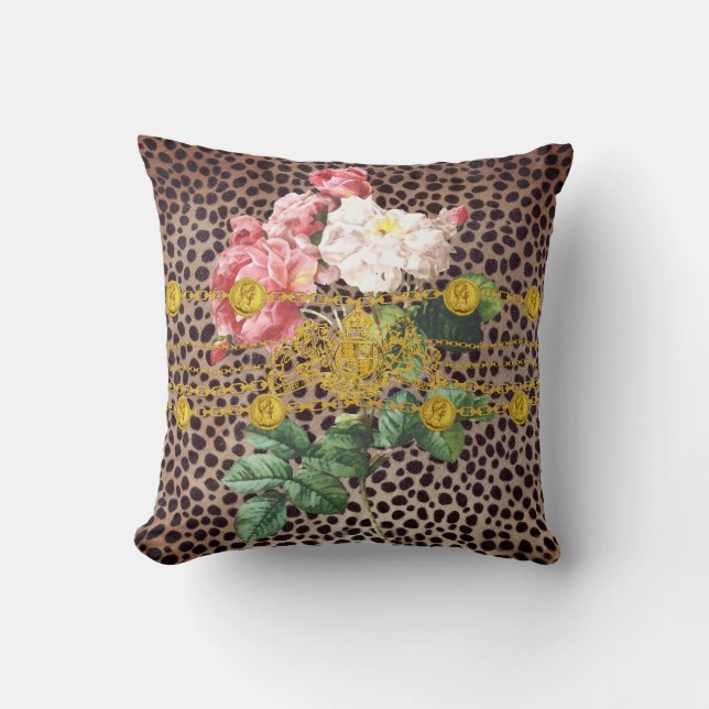 Leopard Print Gold Lion Emblem Chain Rose Floral Cushion (Front)