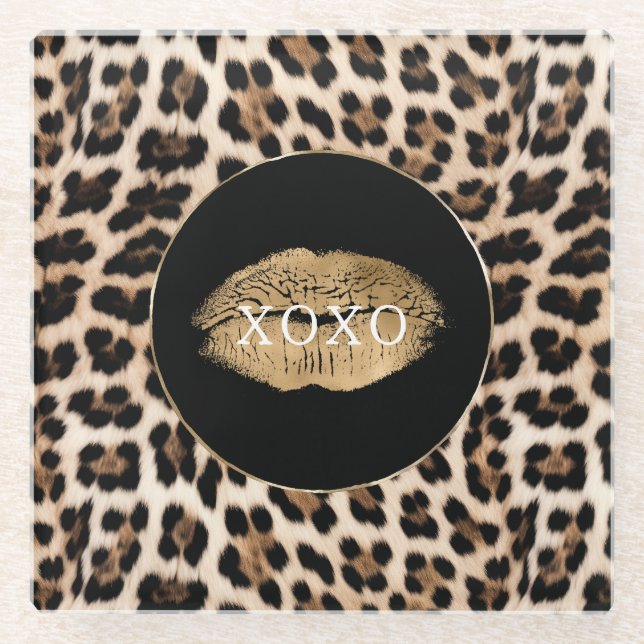 Leopard Print Gold Lips XOXO Glass Coaster (Front)