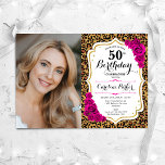 Leopard Print Gold Pink Photo 50th Birthday Invitation<br><div class="desc">Elegant floral feminine 50th birthday invitation with your photo. Glam white design with faux glitter gold. Features animal leopard print, hot pink roses, script font and confetti. Perfect for a stylish adult bday celebration party. Personalise with your own details. Can be customised for any age! Printed Zazzle invitations or instant...</div>