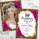 Leopard Print Gold Pink Photo 50th Birthday Invitation<br><div class="desc">Elegant feminine 50th birthday invitation with your photo at the back of the card. Glam design with animal leopard print and faux glitter gold. Features hot pink roses, script font and confetti. Perfect for a stylish adult bday celebration party. Personalise with your own details. Can be customised for any age!...</div>