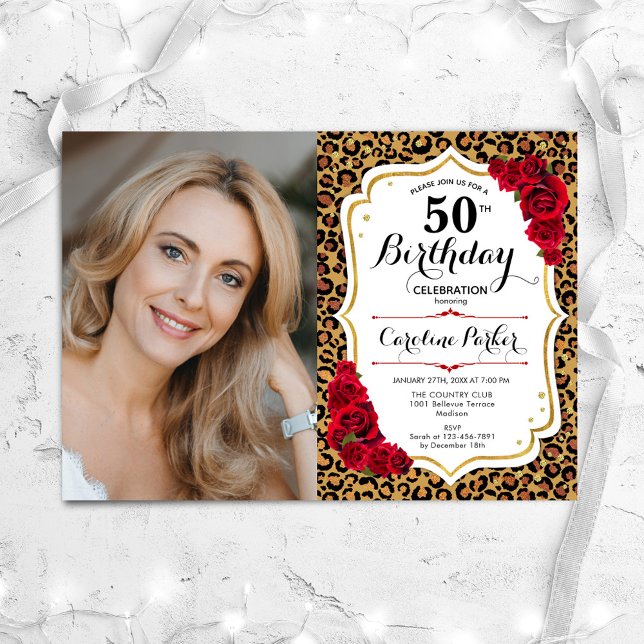 Leopard Print Gold Red Photo 50th Birthday Invitation (Creator Uploaded)