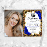 Leopard Print Gold Royal Blue Photo 50th Birthday Invitation<br><div class="desc">Elegant floral feminine 50th birthday invitation with your photo. Glam royal blue white design with faux glitter gold. Features animal leopard print, hot sapphire blue roses, script font and confetti. Perfect for a stylish adult bday celebration party. Personalise with your own details. Can be customised for any age! Printed Zazzle...</div>