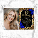 Leopard Print Gold Royal Blue Photo 50th Birthday Invitation<br><div class="desc">Elegant floral feminine 50th birthday invitation with your photo. Glam black royal blue design with faux glitter gold. Features animal leopard print, sapphire blue roses, script font and confetti. Perfect for a stylish adult bday celebration party. Personalise with your own details. Can be customised for any age! Printed Zazzle invitations...</div>