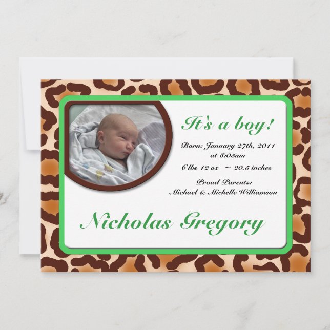 Leopard Print Green Birth Announcements (Front)
