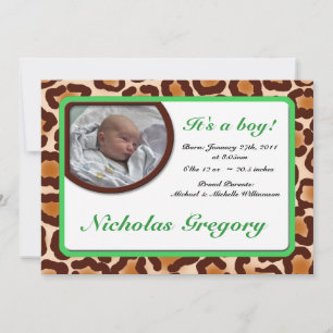 Leopard Print Green Birth Announcements