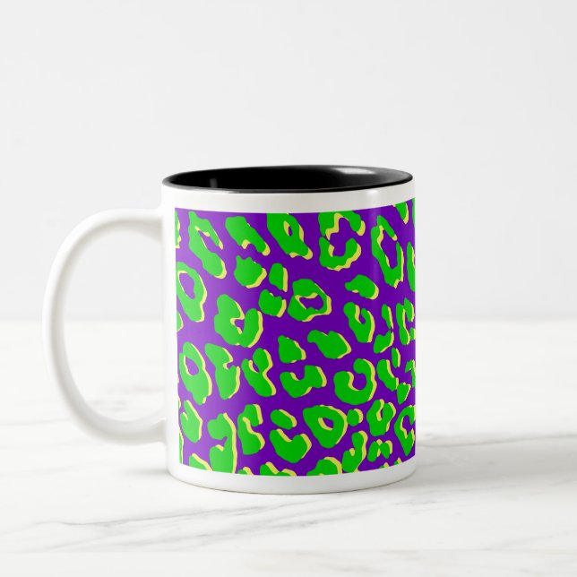 Leopard Print Green Purple Yellow Two-Tone Coffee Mug (Left)