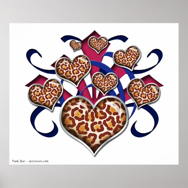 Leopard Print Hearts Pink & Blue Burst Poster (Front)
