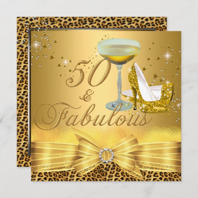 Leopard Print & Heels 50 Fabulous Gold Invitation (Front/Back)