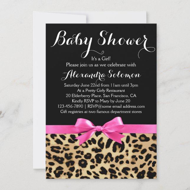 Leopard Print Hot Pink Bow Girl Baby Shower Invitation (Front)