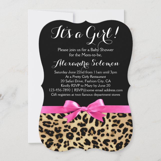 Leopard Print Hot Pink Bow Its a Girl Baby Shower Invitation (Front)