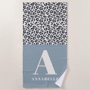 Leopard print initial typography blue modern beach towel