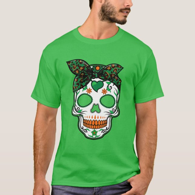 Leopard Print Irish Sugar Skull S Women St Patrick T-Shirt (Front)