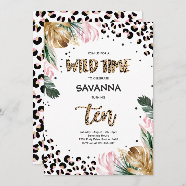 Leopard Print Jungle Safari 10th Birthday Party Invitation (Front/Back)