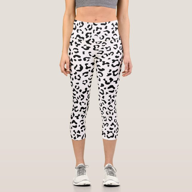 Leopard Print, Leopard Spots, Black And White Capri Leggings (Front)