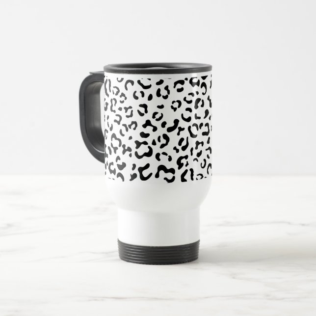 Leopard Print, Leopard Spots, Black And White Travel Mug (Front Left)