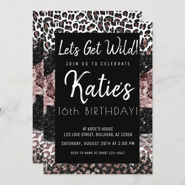 Leopard Print Let's Get Wild Rose Gold Birthday Invitation (Front/Back)
