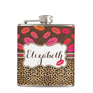 Leopard Print Lips Kisses Personalised Hip Flask