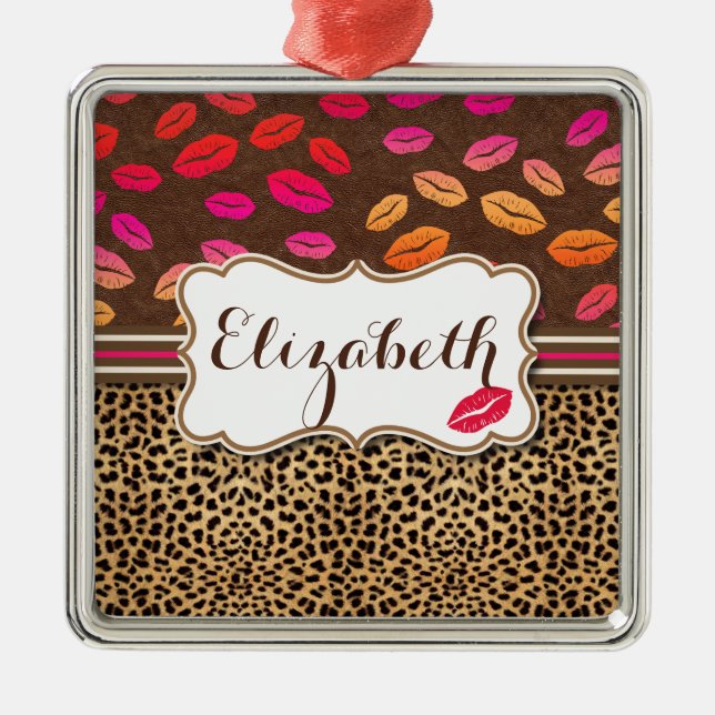 Leopard Print Lips Kisses Personalised Metal Tree Decoration (Front)