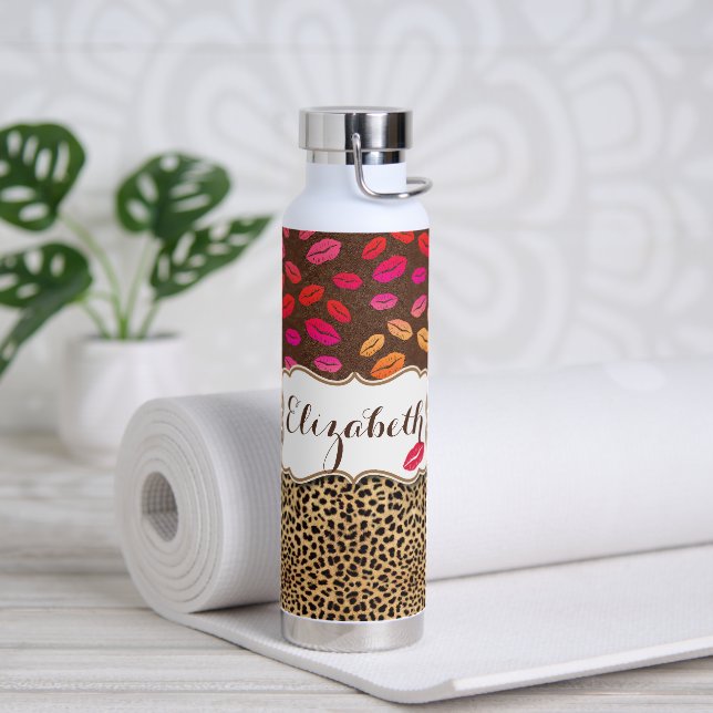 Leopard Print Lips Kisses Personalised Water Bottle (Yoga)