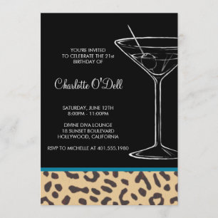 leopard print martini birthday invitation