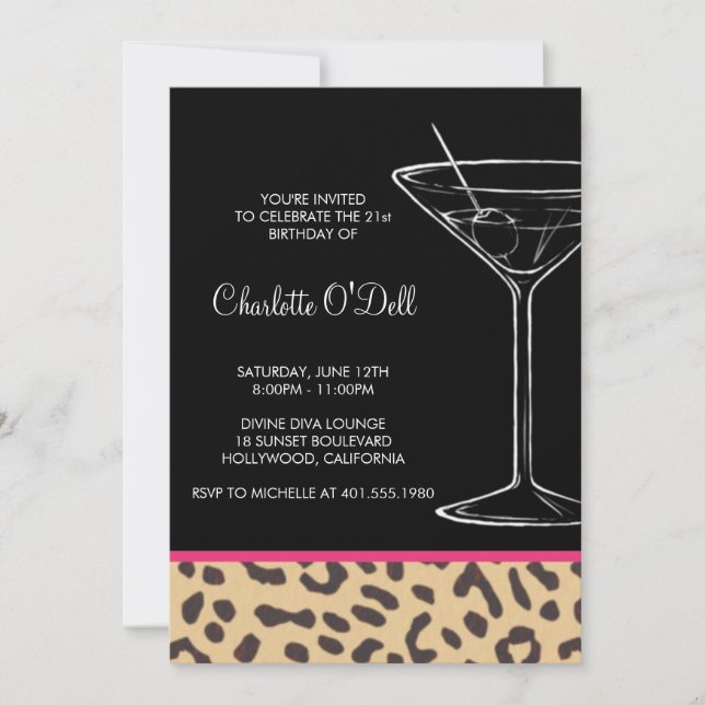 Leopard Print Martini Birthday Invitations (Front)