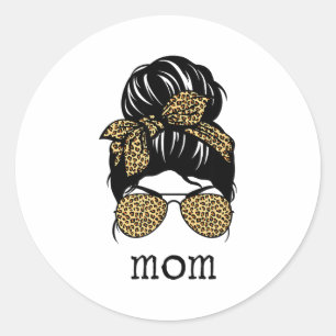 Leopard Print Messy Hair Bun Mom Classic Round Sticker