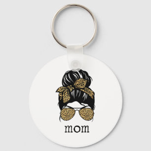 Leopard Print Messy Hair Bun Mom Key Ring