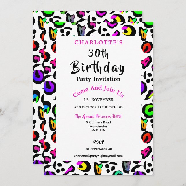 Leopard Print Modern Colourful Birthday Celebratio Invitation (Front/Back)