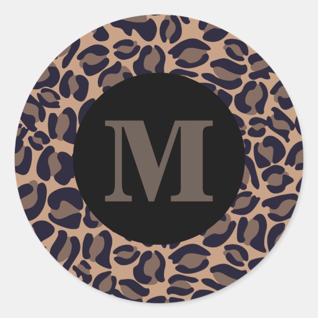 Leopard Print Monogram Classic Jungle Party Classic Round Sticker (Front)