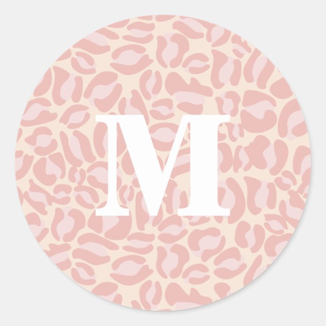 Leopard Print Monogram Classic Pink Jungle Party Round Sticker (Front)
