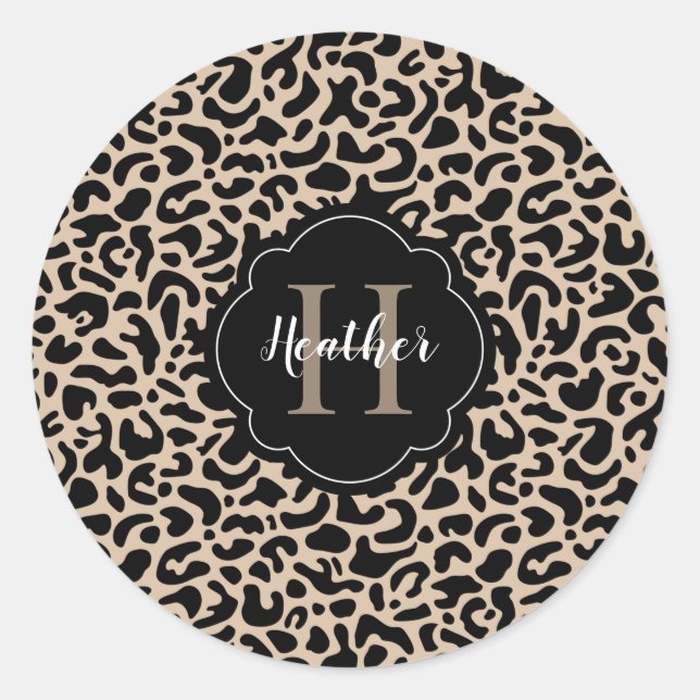 Leopard Print Monogram Classic Round Sticker (Front)