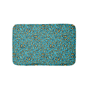 Leopard print on cozy blue bath mat