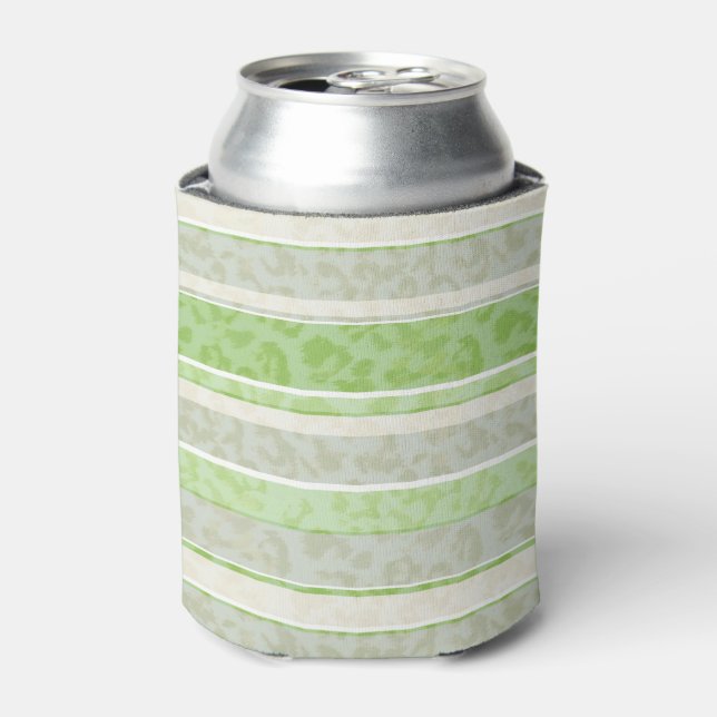 Leopard print on striped background.  can cooler (Can Front)