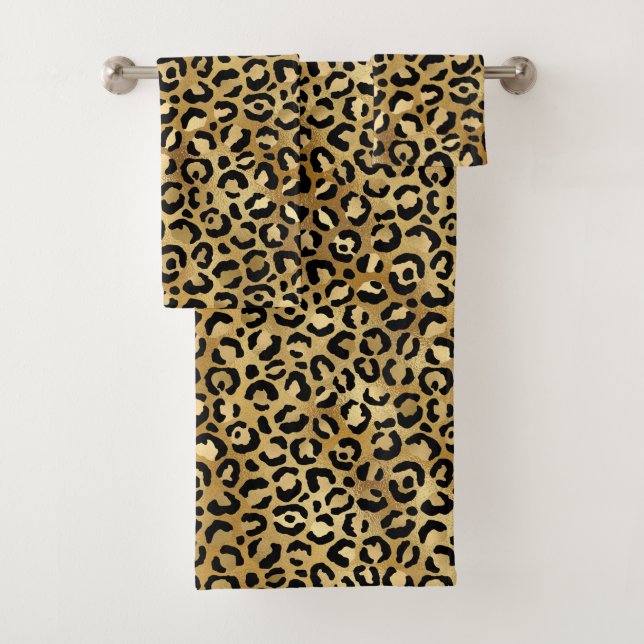 Leopard Print Pattern in Gold and Black Bath Towel Set (Insitu)