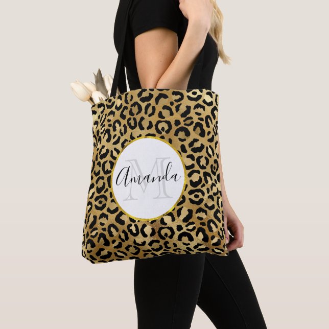 Leopard Print Pattern in Gold and Black Monogram Tote Bag (Close Up)