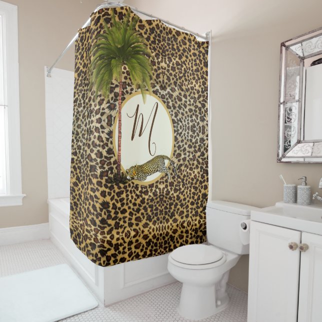 Leopard Print Pattern Palm Tree Elegant Monogram Shower Curtain (In Situ)