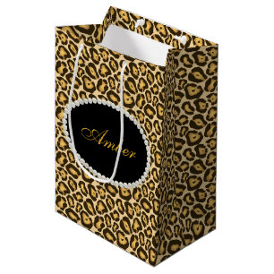 Leopard Print Pearls & Name Monogram Medium Gift Bag