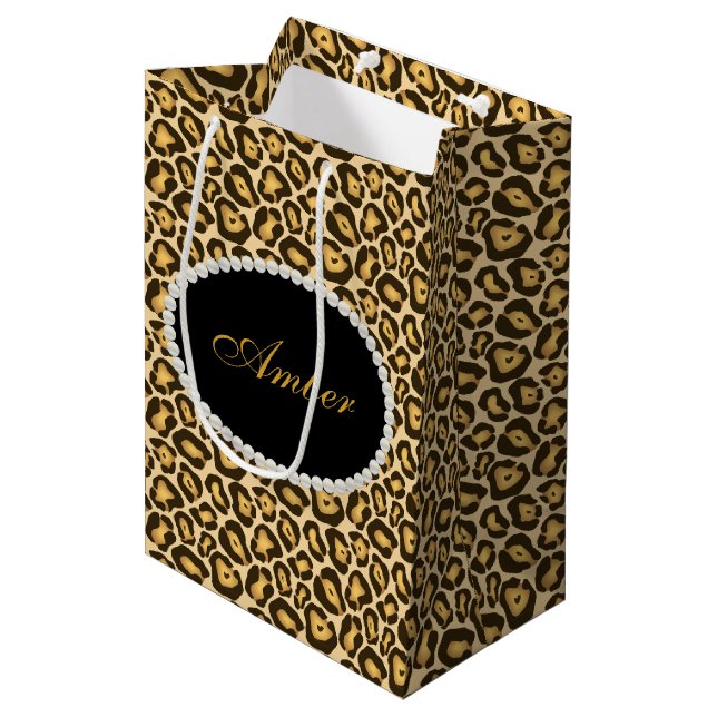 Leopard Print Pearls & Name Monogram Medium Gift Bag (Front Angled)