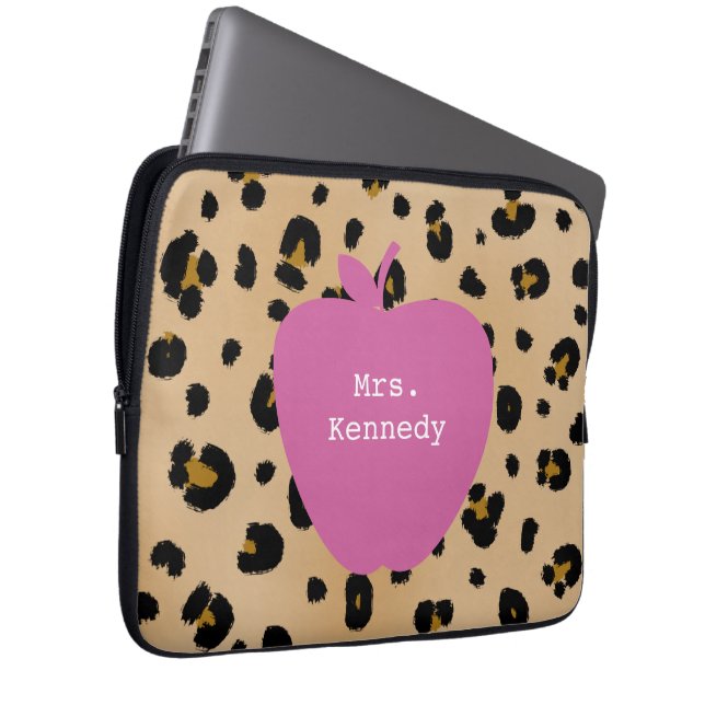 Leopard Print Pink Apple Teacher Laptop Sleeve (Front Right)