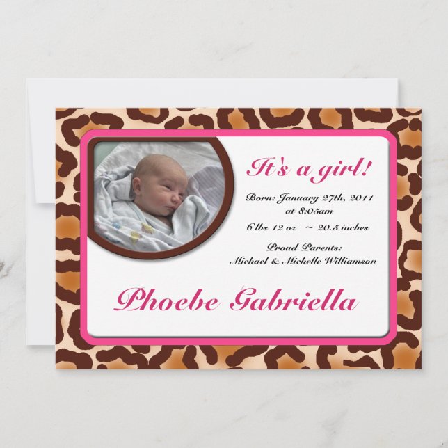 Leopard Print Pink Birth Announcements (Front)