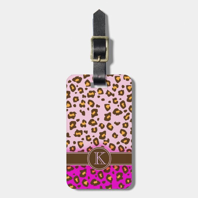 Leopard print pink brown monogram luggage tag (Front Vertical)