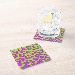 Leopard Print Pink Green Blue Square Paper Coaster