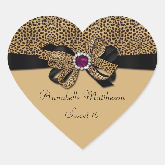 Leopard Print Pink Jewel Diamonds Sweet 16 Hear Heart Sticker (Front)