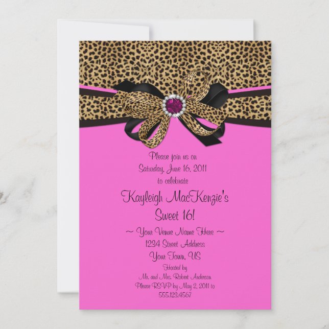 Leopard Print Pink Jewels Diamonds Sweet 16 Invitation (Front)