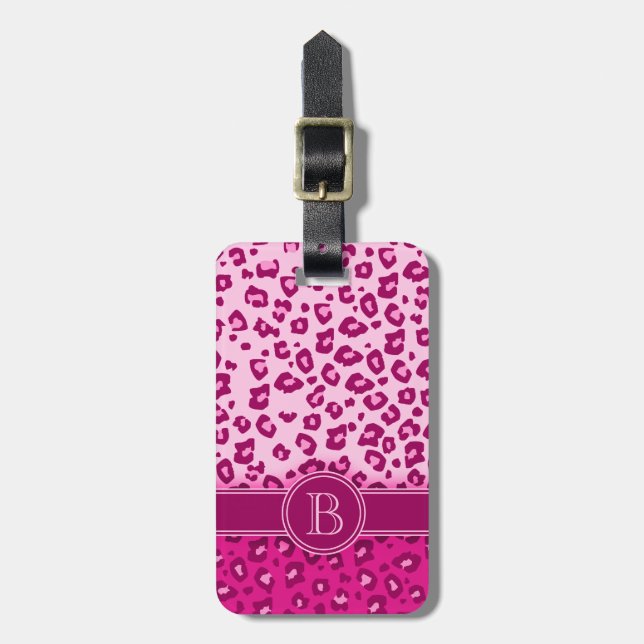 Leopard print pink monogram luggage tag (Front Vertical)