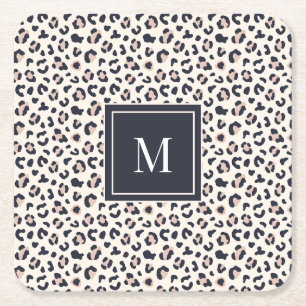 Leopard print pink monogram square paper coaster
