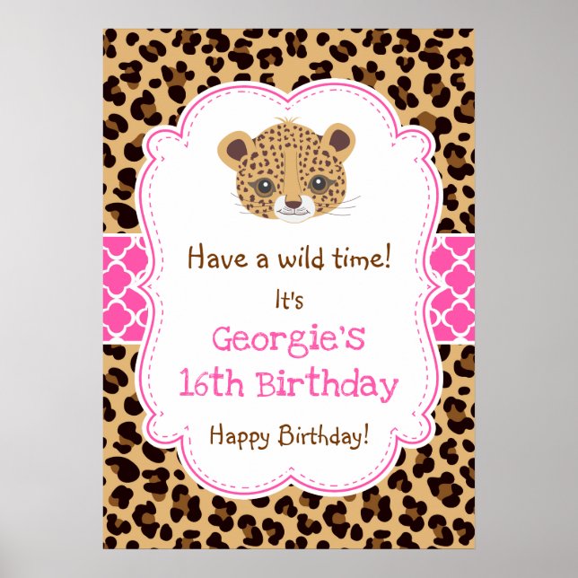 Leopard Print Pink Quatre foil Birthday Poster (Front)