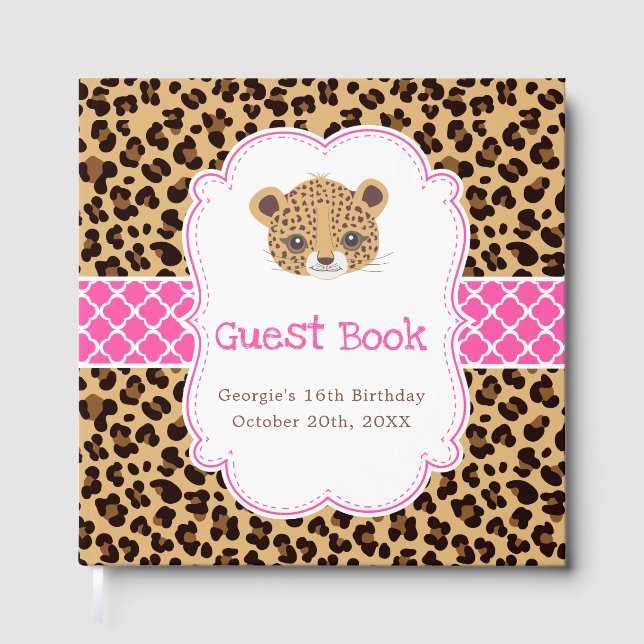 Leopard Print Pink Quatrefoil Birthday Party Guest Book (Front)