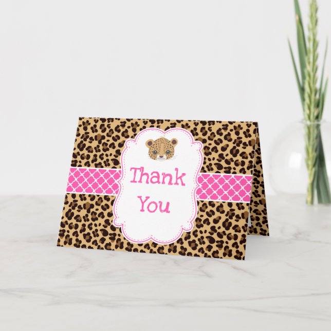 Leopard Print Pink Quatrefoil 'Thank You' Thank You Card (Front)