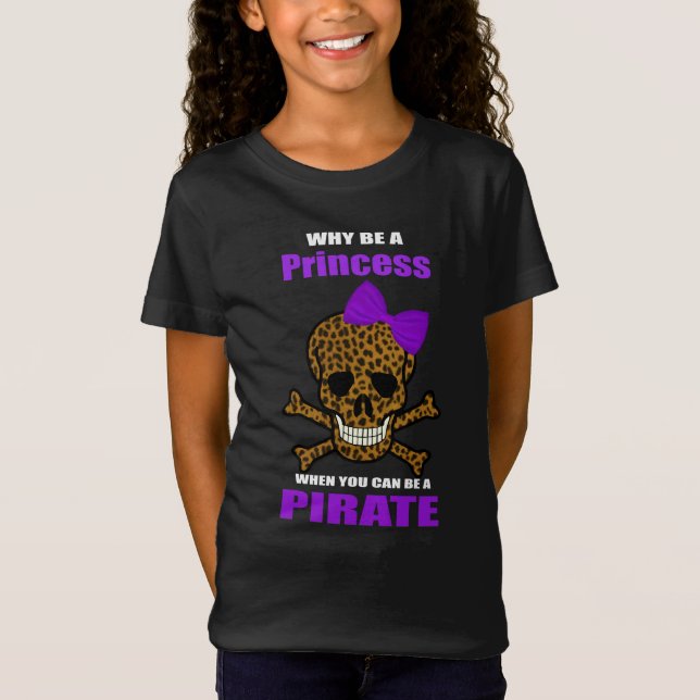 Leopard Print Purple Bow Pirate Princess Skull T-Shirt (Front)